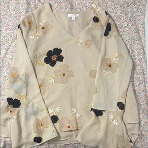 Floral V-Neck Women's Top - Cream and Navy